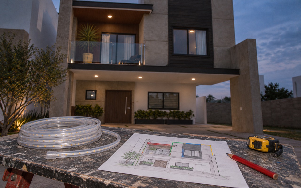 Plano de la residencia y muestra de manguera LED para el diseño navideño