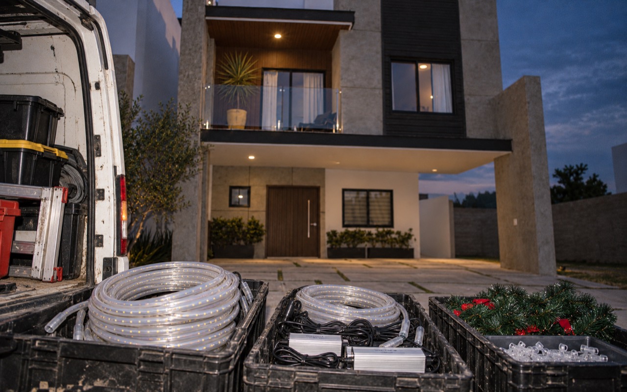 Mangueras LED apagadas, conectores y materiales listos para instalar