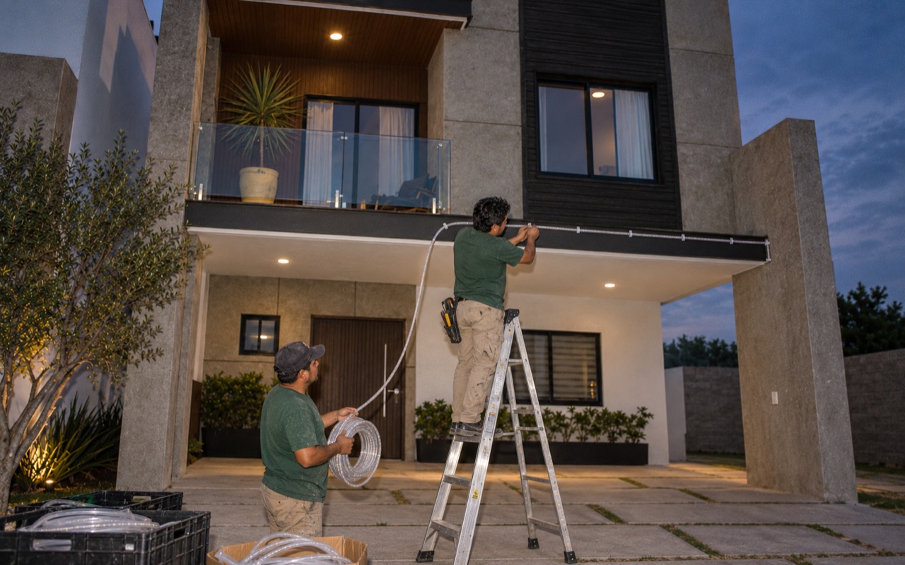 Instaladores fijando manguera LED desconectada en la entrada