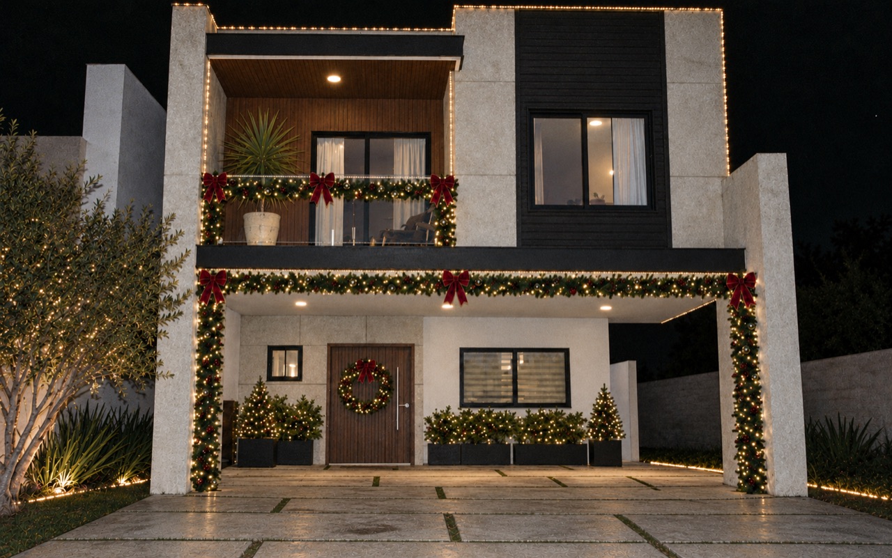 Vista frontal de residencia decorada con guirnaldas, coronas y luces navideñas blanco cálido